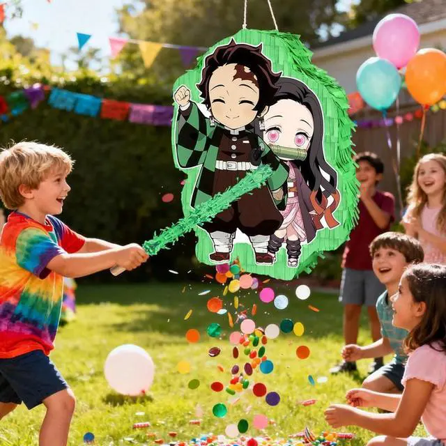 Alt view image 7 of 7 - 4 Pcs Demon Slayer Pinatas Bundle-Demon Slayer Party Piñata Blindfold&Pinata Stick etc Demon Slayer Birthday Party Supplies