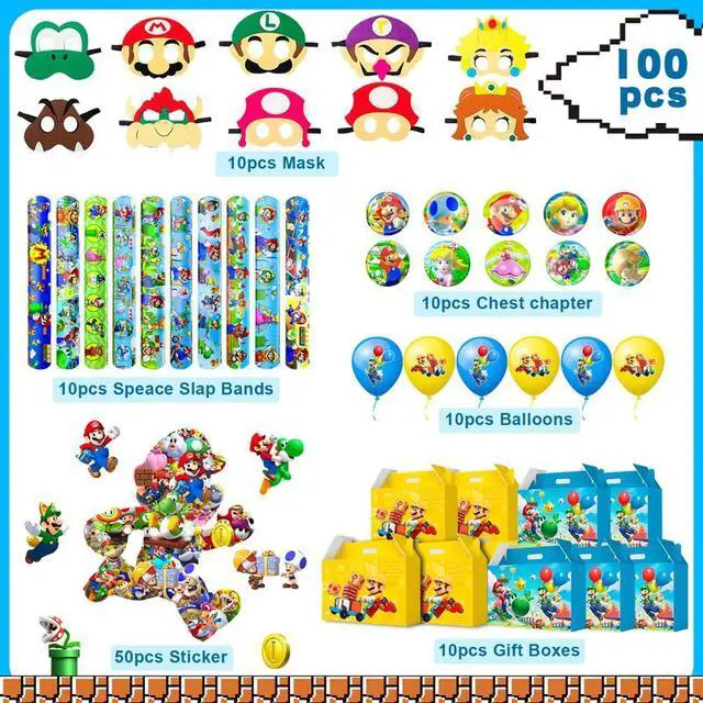 Alt view image 2 of 7 - Super Mario Party Favors, 100 Pcs Mario Bros Party Favors Packs - Mario Masks Kids Party Boxes Badge Wristband Masks & Super Mario Balloons Stickers etc Mario Themed Party Favors for Boys Kids