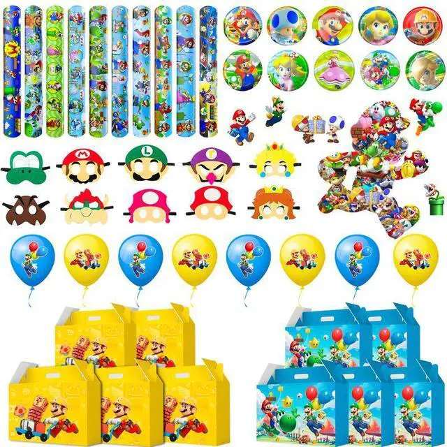 Main image of Super Mario Party Favors, 100 Pcs Mario Bros Party Favors Packs - Mario Masks Kids Party Boxes Badge Wristband Masks & Super Mario Balloons Stickers etc Mario Themed Party Favors for Boys Kids