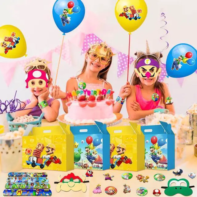 Alt view image 3 of 7 - Super Mario Party Favors, 100 Pcs Mario Bros Party Favors Packs - Mario Masks Kids Party Boxes Badge Wristband Masks & Super Mario Balloons Stickers etc Mario Themed Party Favors for Boys Kids