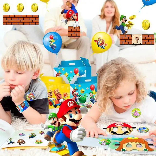 Alt view image 4 of 7 - Super Mario Party Favors, 100 Pcs Mario Bros Party Favors Packs - Mario Masks Kids Party Boxes Badge Wristband Masks & Super Mario Balloons Stickers etc Mario Themed Party Favors for Boys Kids