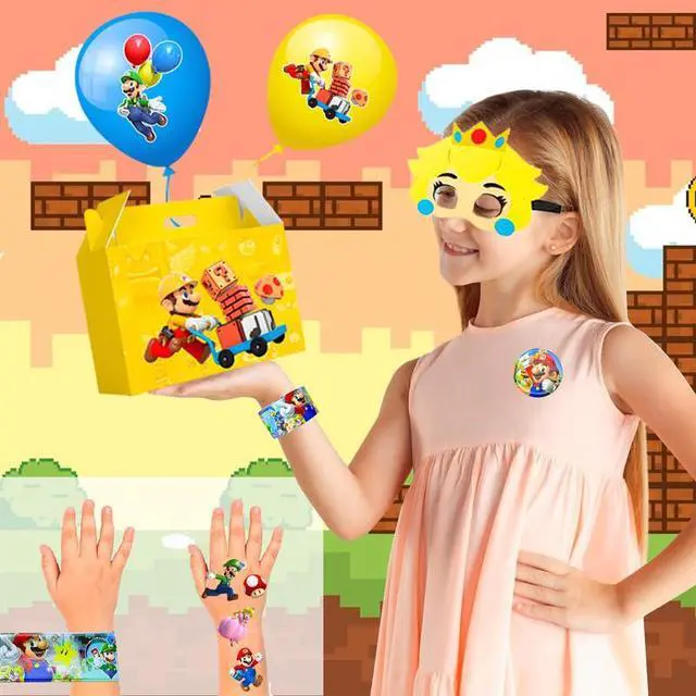 Alt view image 5 of 7 - Super Mario Party Favors, 100 Pcs Mario Bros Party Favors Packs - Mario Masks Kids Party Boxes Badge Wristband Masks & Super Mario Balloons Stickers etc Mario Themed Party Favors for Boys Kids
