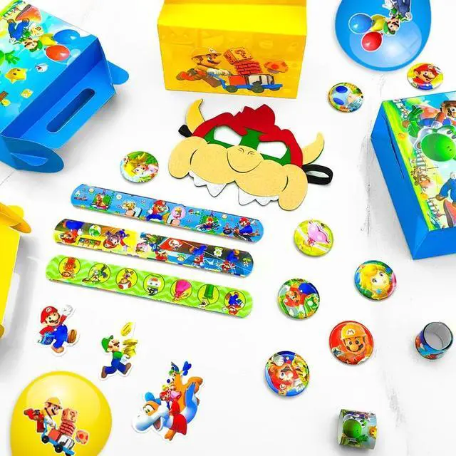 Alt view image 6 of 7 - Super Mario Party Favors, 100 Pcs Mario Bros Party Favors Packs - Mario Masks Kids Party Boxes Badge Wristband Masks & Super Mario Balloons Stickers etc Mario Themed Party Favors for Boys Kids
