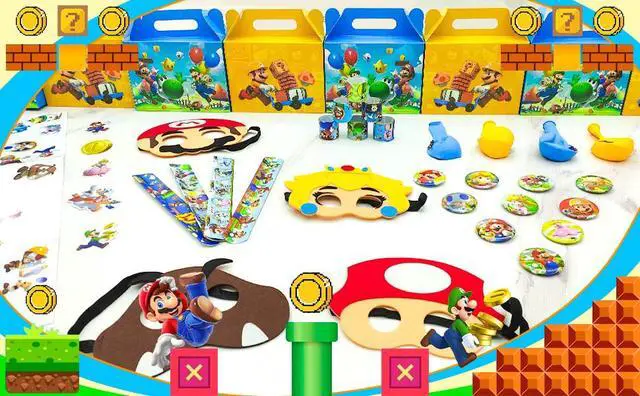 Alt view image 7 of 7 - Super Mario Party Favors, 100 Pcs Mario Bros Party Favors Packs - Mario Masks Kids Party Boxes Badge Wristband Masks & Super Mario Balloons Stickers etc Mario Themed Party Favors for Boys Kids