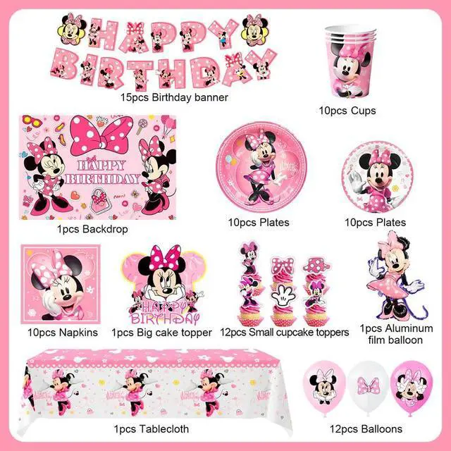 Alt view image 2 of 7 - Minnie Mouse Birthday Party Supplies,113pcs Minnie Mouse Birthday Decorations & Minnie Mouse Party Tableware Set - Minnie Mouse Birthday Plates Tablecloth Banner etc Minnie Mouse Party Decorations