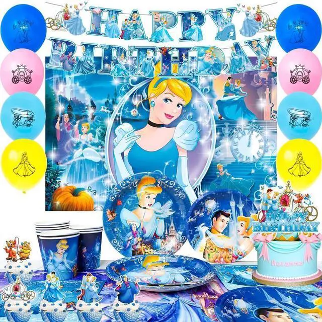 Main image of Cinderella Birthday Party Supplies,112pcs Cinderella Party Decorations&Cinderella Themed Tableware Set-Cinderella Plates Cups Tablecloth Balloons Backdrop etc Cinderella Birthday Decorations for Girls
