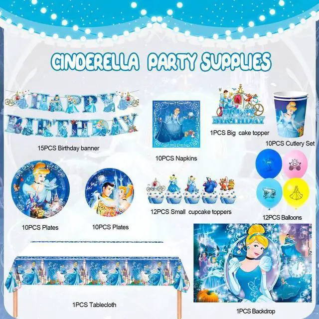 Alt view image 2 of 7 - Cinderella Birthday Party Supplies,112pcs Cinderella Party Decorations&Cinderella Themed Tableware Set-Cinderella Plates Cups Tablecloth Balloons Backdrop etc Cinderella Birthday Decorations for Girls