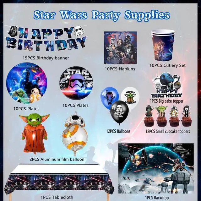 Alt view image 2 of 7 - Star Wars Party Supplies,114pcs Star Wars Party Decorations & Tableware Set-Star Wars Party Plates Napkins Cups & Star Wars Birthday Banner Balloons Cake Decorations etc Star Wars Birthday Decorations