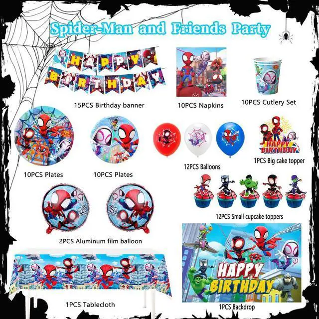 Alt view image 2 of 7 - 114 Pcs Spiderman Birthday Decorations and Party Tableware Set - Spiderman Decorations Balloons Banners and Spiderman Tablecloths Plates Cups Napkins etc Little Spiderman and Friends Party Supplies
