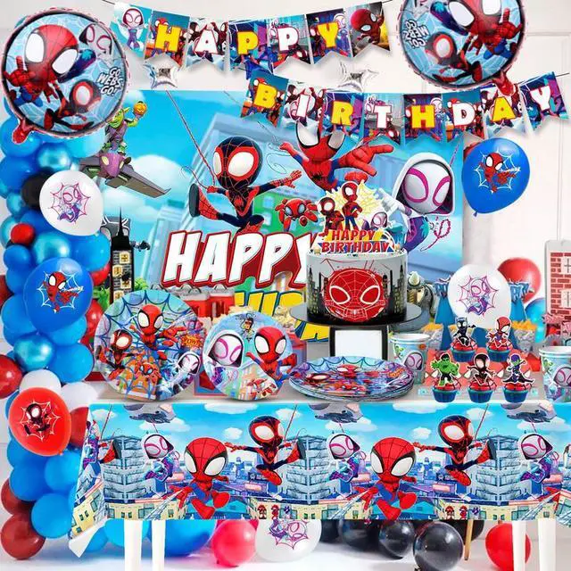 Alt view image 5 of 7 - 114 Pcs Spiderman Birthday Decorations and Party Tableware Set - Spiderman Decorations Balloons Banners and Spiderman Tablecloths Plates Cups Napkins etc Little Spiderman and Friends Party Supplies