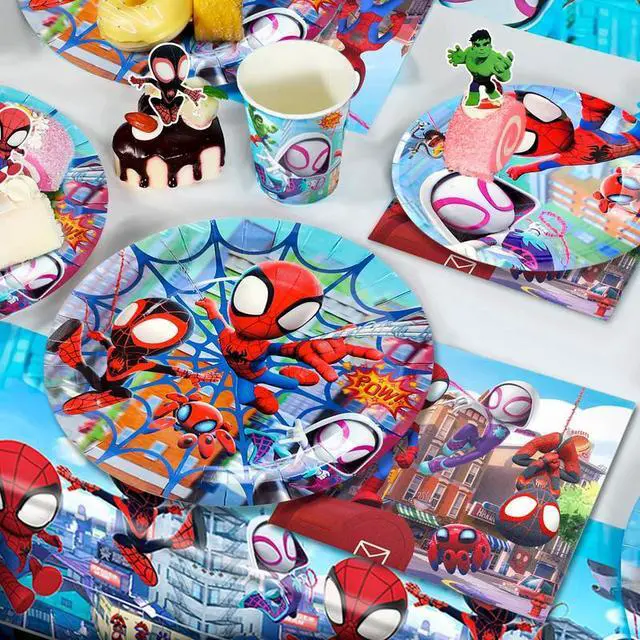 Alt view image 6 of 7 - 114 Pcs Spiderman Birthday Decorations and Party Tableware Set - Spiderman Decorations Balloons Banners and Spiderman Tablecloths Plates Cups Napkins etc Little Spiderman and Friends Party Supplies