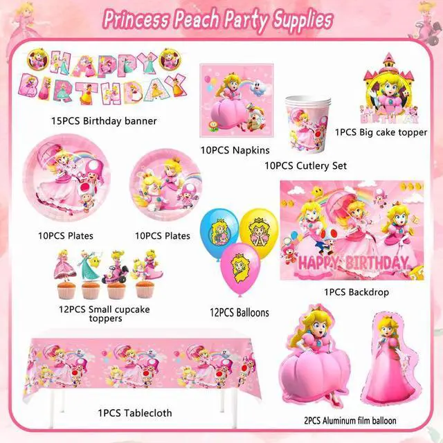 Alt view image 2 of 7 - Princess Peach Birthday Party Supplies, 122pcs Princess Peach Party Decorations & Tableware Set - Princess Peach Party Plates Napkins Cups Balloon Cake Topper etc Princess Peach Birthday Supplies
