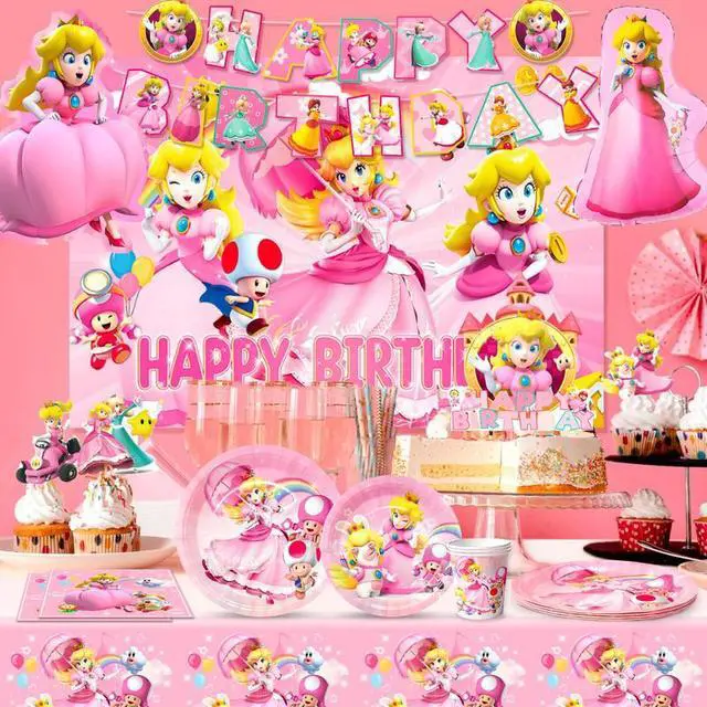 Alt view image 4 of 7 - Princess Peach Birthday Party Supplies, 122pcs Princess Peach Party Decorations & Tableware Set - Princess Peach Party Plates Napkins Cups Balloon Cake Topper etc Princess Peach Birthday Supplies