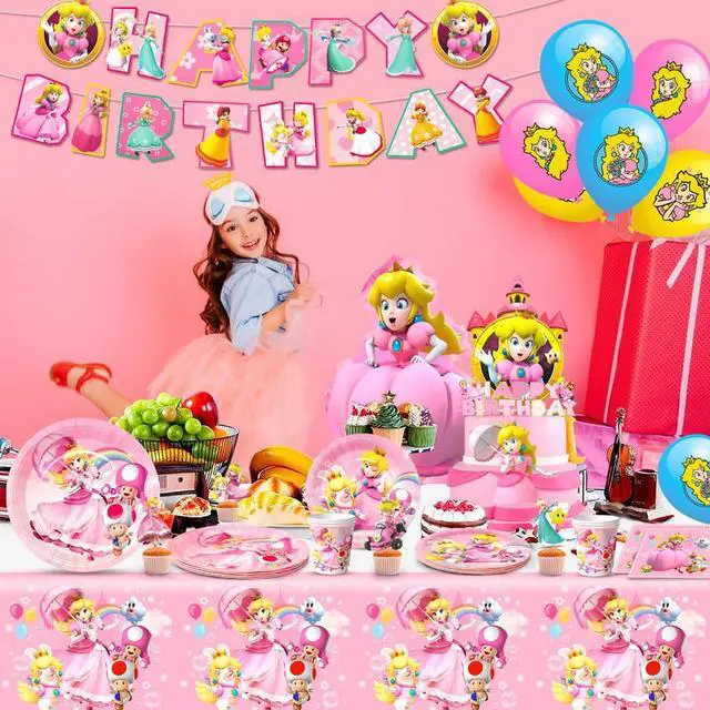 Alt view image 5 of 7 - Princess Peach Birthday Party Supplies, 122pcs Princess Peach Party Decorations & Tableware Set - Princess Peach Party Plates Napkins Cups Balloon Cake Topper etc Princess Peach Birthday Supplies