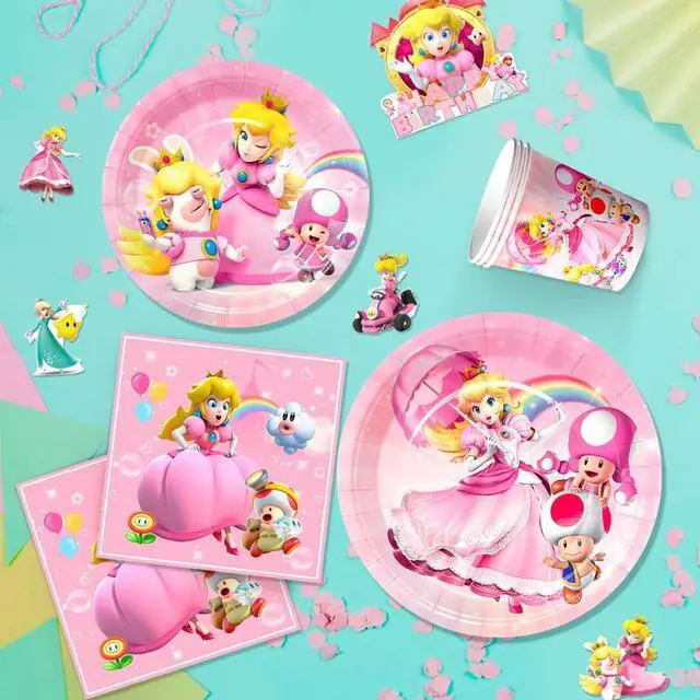 Alt view image 6 of 7 - Princess Peach Birthday Party Supplies, 122pcs Princess Peach Party Decorations & Tableware Set - Princess Peach Party Plates Napkins Cups Balloon Cake Topper etc Princess Peach Birthday Supplies