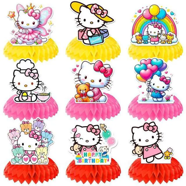 Main image of Hello Kitty Honeycomb Centerpieces for Birthday, 9 Pcs Hello Kitty Centerpieces for Tables 3D Double Side Hello Kitty Honeycomb Style Centerpiece for Girls Hello Kitty Themed Party Decorations