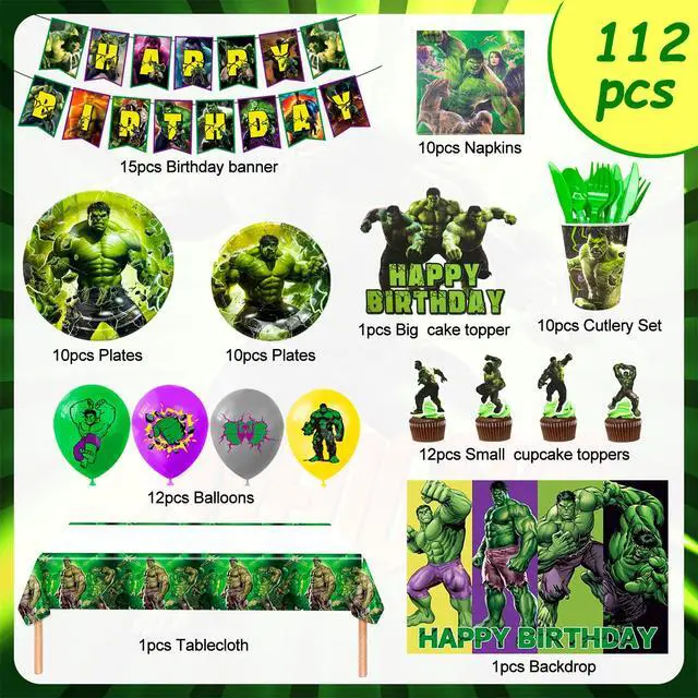Alt view image 2 of 7 - Hulk Birthday Party Supplies, 112pcs Hulk Party Decorations & Tableware Set Including Hulk Cake Topper Balloons Backdrop Plates Cups etc Hulk Themed Birthday Party Decorations Supplies for Boys/Girls