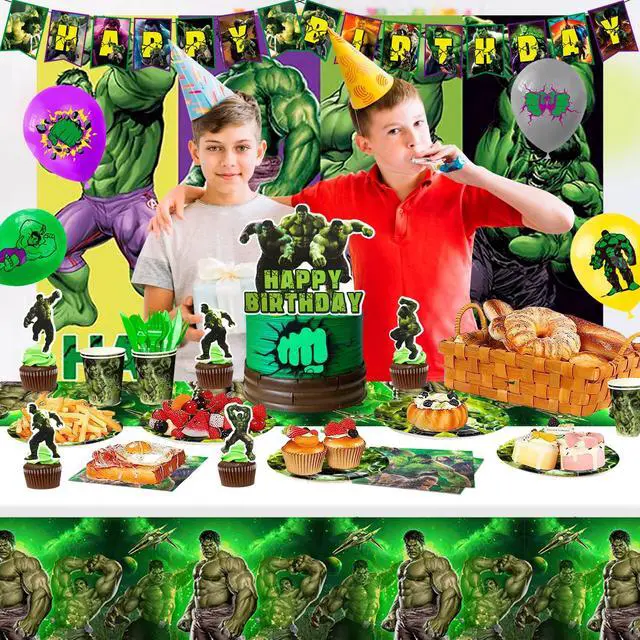 Alt view image 3 of 7 - Hulk Birthday Party Supplies, 112pcs Hulk Party Decorations & Tableware Set Including Hulk Cake Topper Balloons Backdrop Plates Cups etc Hulk Themed Birthday Party Decorations Supplies for Boys/Girls
