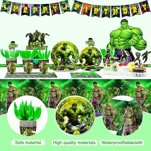 Alt view image 4 of 7 - Hulk Birthday Party Supplies, 112pcs Hulk Party Decorations & Tableware Set Including Hulk Cake Topper Balloons Backdrop Plates Cups etc Hulk Themed Birthday Party Decorations Supplies for Boys/Girls