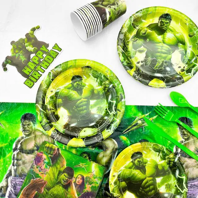 Alt view image 5 of 7 - Hulk Birthday Party Supplies, 112pcs Hulk Party Decorations & Tableware Set Including Hulk Cake Topper Balloons Backdrop Plates Cups etc Hulk Themed Birthday Party Decorations Supplies for Boys/Girls