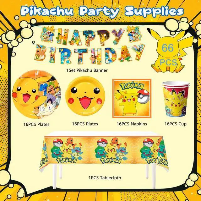 Alt view image 2 of 7 - 114 Pcs Pokemon Birthday Party Decorations & Tableware Set- Pokemon Table Cloth Banner Plates Napkins Cups etc Pokemon Birthday Party Decorations for Pokemon Party Supplies