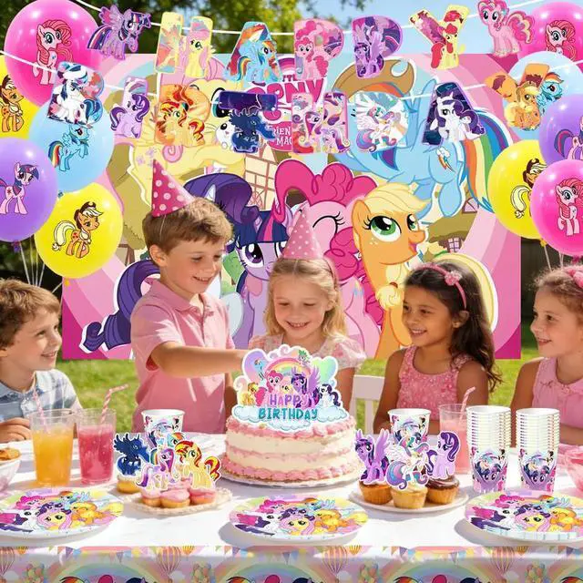 Alt view image 4 of 7 - My Little Pony Party Supplies, 184 Pcs My Little Pony Birthday Party Supplies and Decorations Set-My Little Pony Balloons Stickers Masks Cake Toppers Banner Tablecloth Plates Cups Napkins...