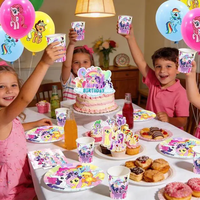 Alt view image 6 of 7 - My Little Pony Party Supplies, 184 Pcs My Little Pony Birthday Party Supplies and Decorations Set-My Little Pony Balloons Stickers Masks Cake Toppers Banner Tablecloth Plates Cups Napkins...