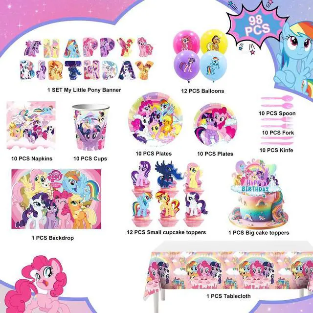 Alt view image 2 of 7 - My Little Pony Party Supplies, 184 Pcs My Little Pony Birthday Party Supplies and Decorations Set-My Little Pony Balloons Stickers Masks Cake Toppers Banner Tablecloth Plates Cups Napkins...