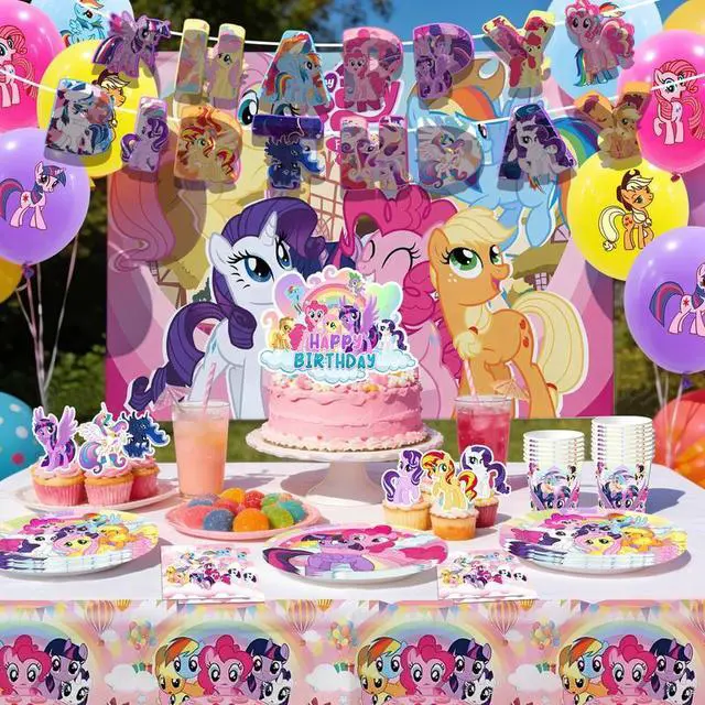 Alt view image 5 of 7 - My Little Pony Party Supplies, 184 Pcs My Little Pony Birthday Party Supplies and Decorations Set-My Little Pony Balloons Stickers Masks Cake Toppers Banner Tablecloth Plates Cups Napkins...