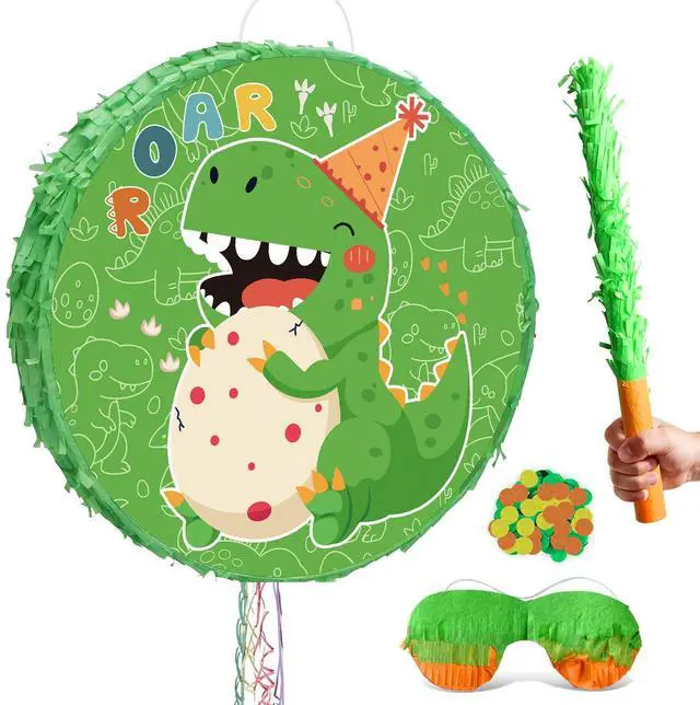 Main image of 4 In 1 Dinosaur Round Piñata, 17.58'' Dinosaur Piñata Bundle, Dinosaur Party Decorations Blindfold Dino Birthday Party Stick etc Dino Themed Party Pinata for Dinosaur Party Favors Decorations