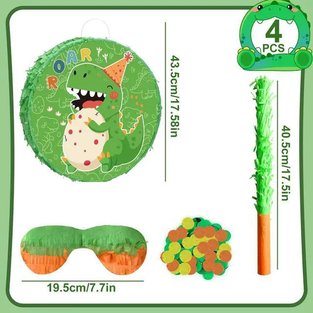 Alt view image 2 of 7 - 4 In 1 Dinosaur Round Piñata, 17.58'' Dinosaur Piñata Bundle, Dinosaur Party Decorations Blindfold Dino Birthday Party Stick etc Dino Themed Party Pinata for Dinosaur Party Favors Decorations