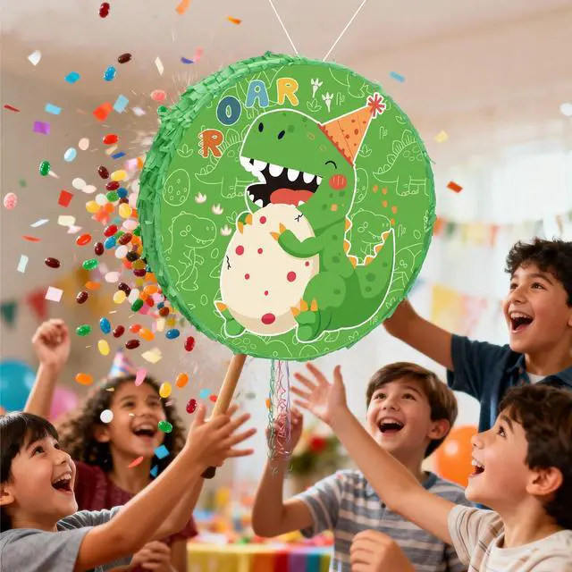 Alt view image 5 of 7 - 4 In 1 Dinosaur Round Piñata, 17.58'' Dinosaur Piñata Bundle, Dinosaur Party Decorations Blindfold Dino Birthday Party Stick etc Dino Themed Party Pinata for Dinosaur Party Favors Decorations
