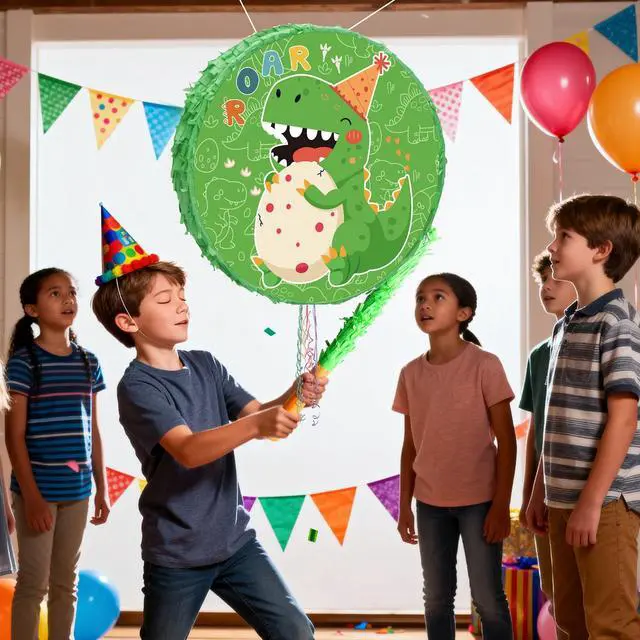 Alt view image 6 of 7 - 4 In 1 Dinosaur Round Piñata, 17.58'' Dinosaur Piñata Bundle, Dinosaur Party Decorations Blindfold Dino Birthday Party Stick etc Dino Themed Party Pinata for Dinosaur Party Favors Decorations