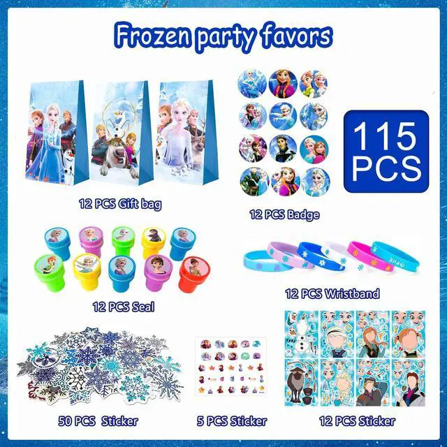 Alt view image 2 of 7 - Frozen Party Favors,115pcs All-in-One Frozen Birthday Party Favors Set Including Frozen Party Favor Bags Stamper Stickers Badges etc Elsa Party Favors for Frozen Party Decorations Supplies