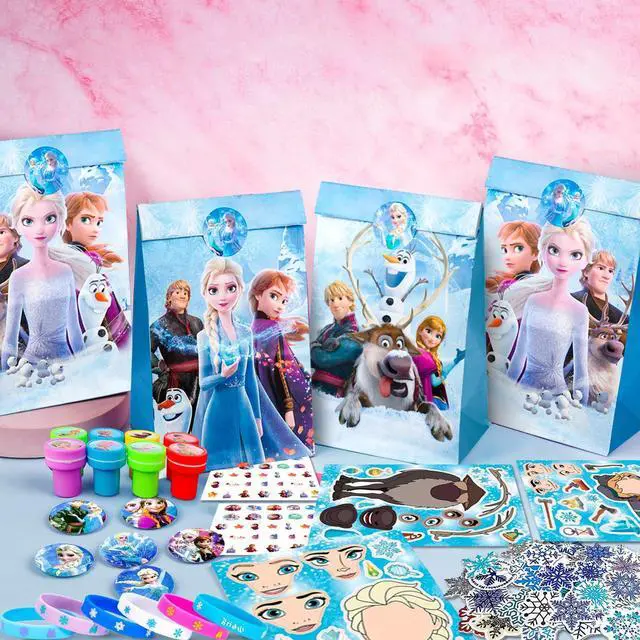 Alt view image 4 of 7 - Frozen Party Favors,115pcs All-in-One Frozen Birthday Party Favors Set Including Frozen Party Favor Bags Stamper Stickers Badges etc Elsa Party Favors for Frozen Party Decorations Supplies