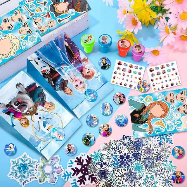 Alt view image 3 of 7 - Frozen Party Favors,115pcs All-in-One Frozen Birthday Party Favors Set Including Frozen Party Favor Bags Stamper Stickers Badges etc Elsa Party Favors for Frozen Party Decorations Supplies