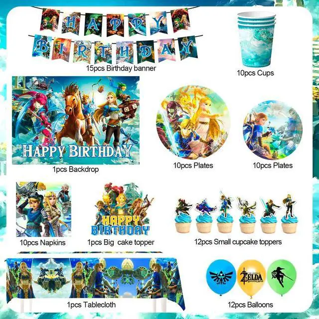Alt view image 2 of 7 - Zelda Birthday Party Supplies,112pcs Zelda Party Decorations & Tableware Set- Zelda Birthday Decorations Balloons Banner Backdrop & Zelda Plates Cups Table Cover etc Legend Of Zelda Party Supplies