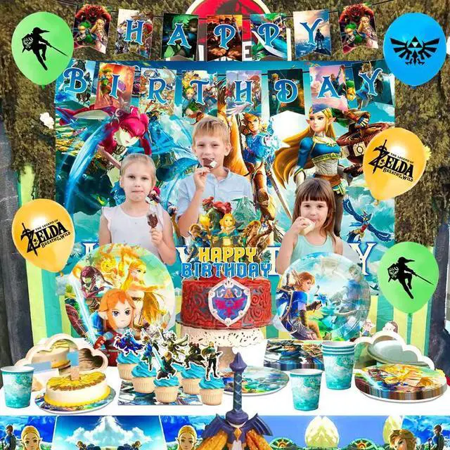 Alt view image 3 of 7 - Zelda Birthday Party Supplies,112pcs Zelda Party Decorations & Tableware Set- Zelda Birthday Decorations Balloons Banner Backdrop & Zelda Plates Cups Table Cover etc Legend Of Zelda Party Supplies