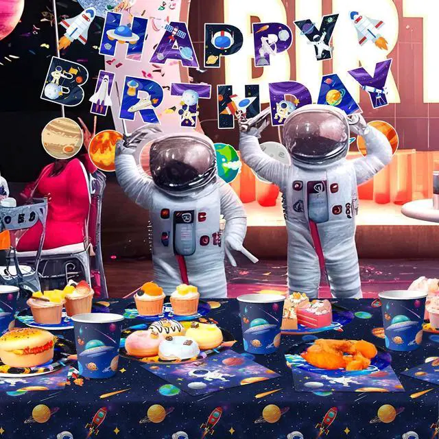 Alt view image 3 of 6 - Space Party Tableware for 24 Guests, Outer Space Birthday Party Supplies, Space Party Plates Napkins Tablecloth Banner Garland etc Outer Space Tableware for Space Birthday Party Decorations