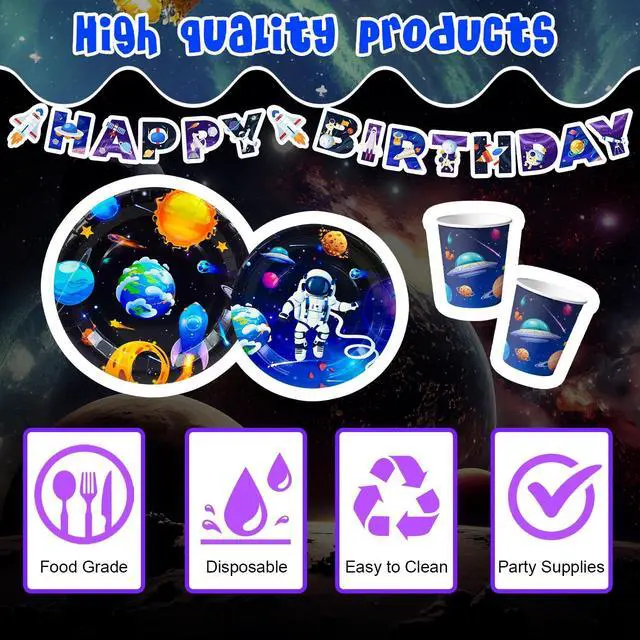 Alt view image 2 of 6 - Space Party Tableware for 24 Guests, Outer Space Birthday Party Supplies, Space Party Plates Napkins Tablecloth Banner Garland etc Outer Space Tableware for Space Birthday Party Decorations