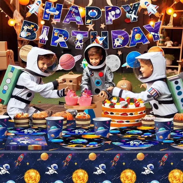 Alt view image 4 of 6 - Space Party Tableware for 24 Guests, Outer Space Birthday Party Supplies, Space Party Plates Napkins Tablecloth Banner Garland etc Outer Space Tableware for Space Birthday Party Decorations