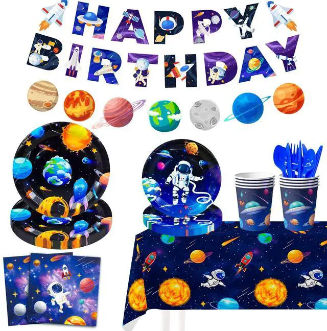 Main image of Space Party Tableware for 24 Guests, Outer Space Birthday Party Supplies, Space Party Plates Napkins Tablecloth Banner Garland etc Outer Space Tableware for Space Birthday Party Decorations