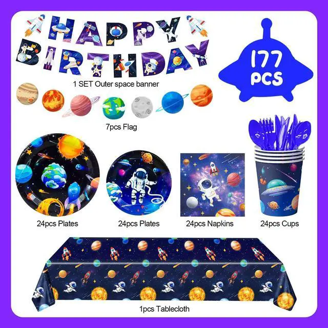 Alt view image 6 of 6 - Space Party Tableware for 24 Guests, Outer Space Birthday Party Supplies, Space Party Plates Napkins Tablecloth Banner Garland etc Outer Space Tableware for Space Birthday Party Decorations