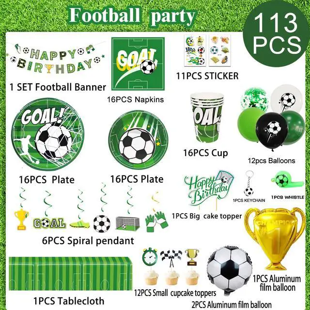 Alt view image 3 of 6 - Soccer Party Decorations, 16 Guests Soccer Party Tableware Set, Soccer Birthday Banner Balloons Whistle Keychain Soccer Plates and Napkins etc Soccer Birthday Party Supplies