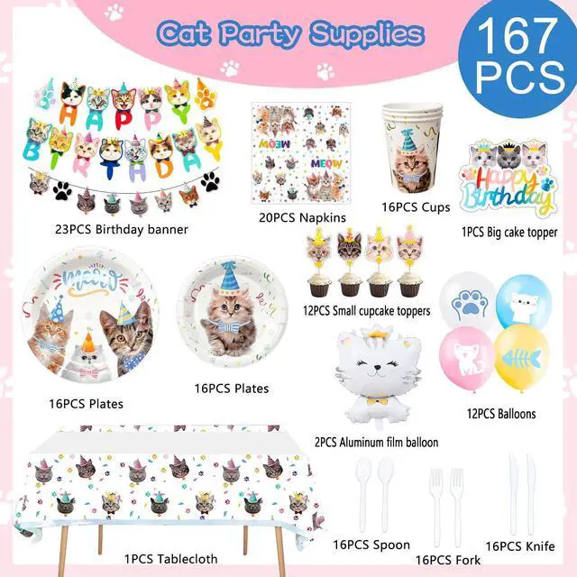 Alt view image 2 of 6 - Cat Birthday Party Supplies, 16 Guests Cat Birthday Decorations Tableware Set Cat Party Plates Napkins Tablecloth Banner Balloons etc Cat Party Supplies