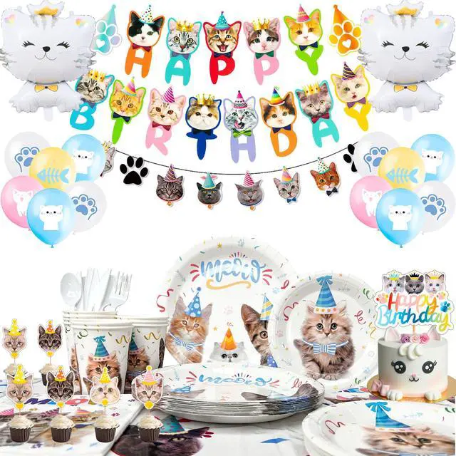 Main image of Cat Birthday Party Supplies, 16 Guests Cat Birthday Decorations Tableware Set Cat Party Plates Napkins Tablecloth Banner Balloons etc Cat Party Supplies