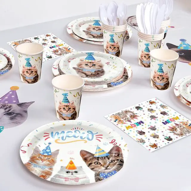 Alt view image 3 of 6 - Cat Birthday Party Supplies, 16 Guests Cat Birthday Decorations Tableware Set Cat Party Plates Napkins Tablecloth Banner Balloons etc Cat Party Supplies