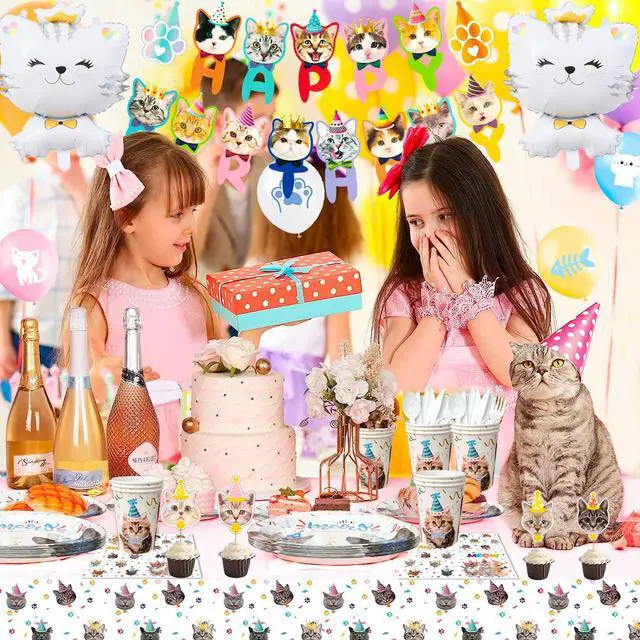 Alt view image 4 of 6 - Cat Birthday Party Supplies, 16 Guests Cat Birthday Decorations Tableware Set Cat Party Plates Napkins Tablecloth Banner Balloons etc Cat Party Supplies