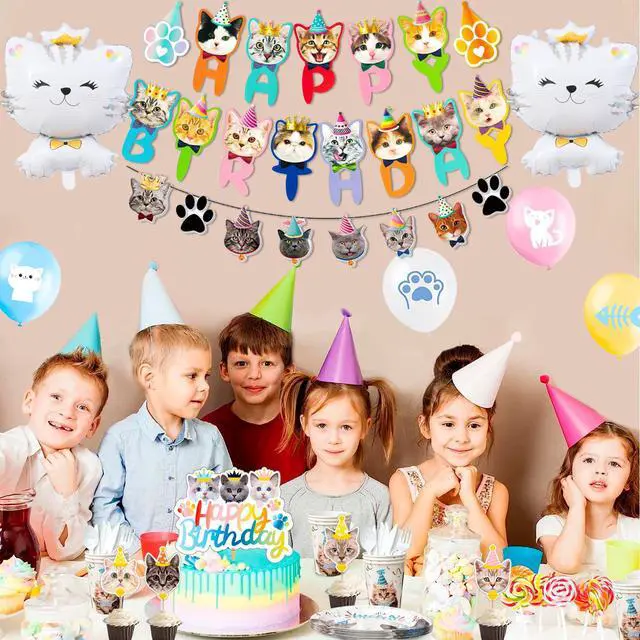 Alt view image 5 of 6 - Cat Birthday Party Supplies, 16 Guests Cat Birthday Decorations Tableware Set Cat Party Plates Napkins Tablecloth Banner Balloons etc Cat Party Supplies
