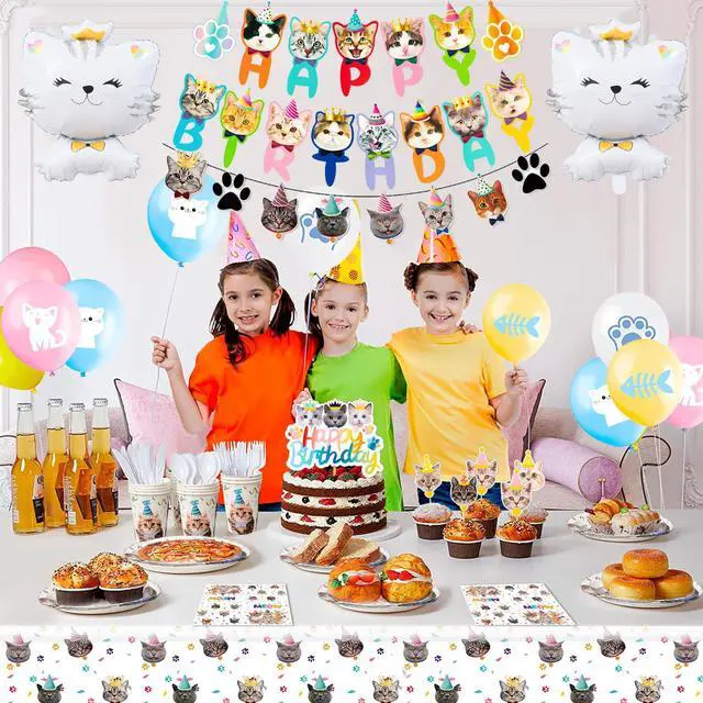 Alt view image 6 of 6 - Cat Birthday Party Supplies, 16 Guests Cat Birthday Decorations Tableware Set Cat Party Plates Napkins Tablecloth Banner Balloons etc Cat Party Supplies
